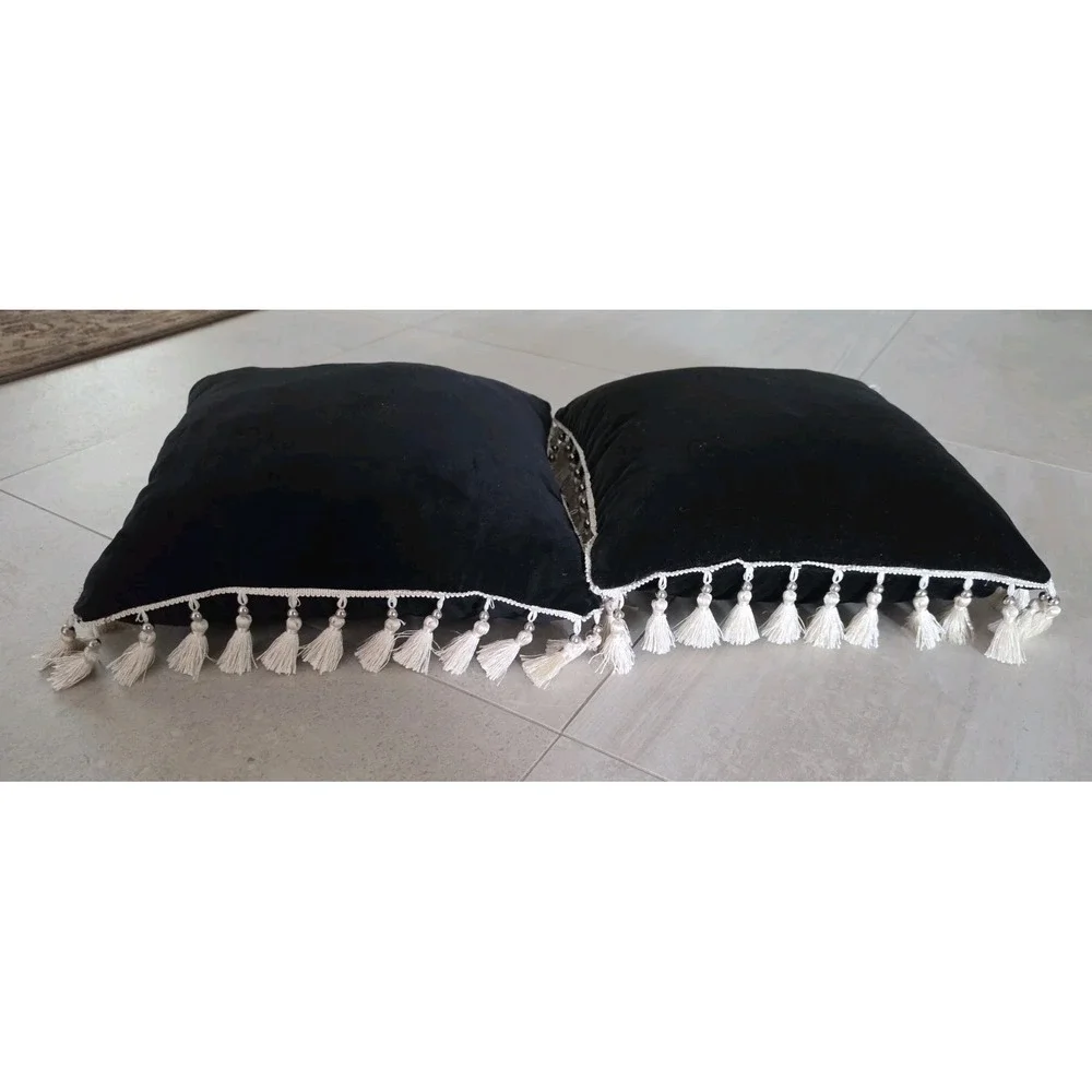 Set 2 Black Velvet Throw Pillows Tassel Fringe Gothic Romantic Dark Boho Chic
